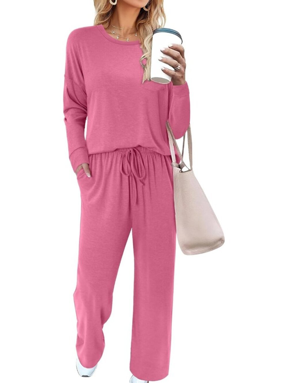Women's Two Piece Sets Rose Red Travel Sweatsuits Wide Leg Pants Lounge Sets